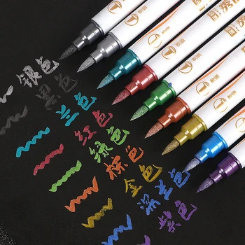 10 цветов/набор, тонкая кисть, металлические маркерные ручки, маркеры с двойным наконечником для черной бумаги, каллиграфии, рисования ручкой Изображение 2