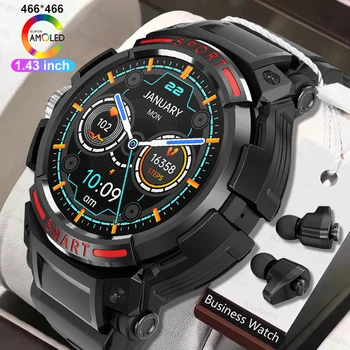 Смарт-часы Bluetooth с двойным вызовом 2 в 1 С Bluetooth-Гарнитурой 1,43 дюйма AMOLED NFC Smartwatch Music 100 + Спортивные часы Для Мужчин