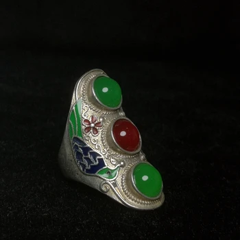 Китайская Тибетская Серебряная резьба, перегородчатая инкрустация в виде Птицы, Нефритовое кольцо, старинное украшение, подарочная коллекция Изображение 2