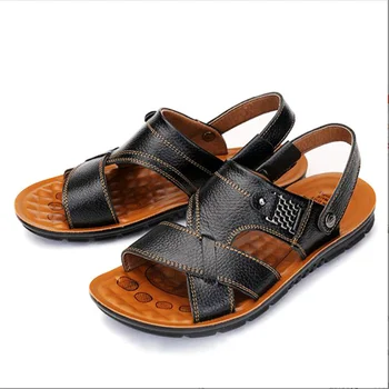 2022 Мужские Летние сандалии из натуральной кожи, Удобные Повседневные сандалии без застежки, Модные Мужские тапочки Zapatillas Hombre, Размер 38-48