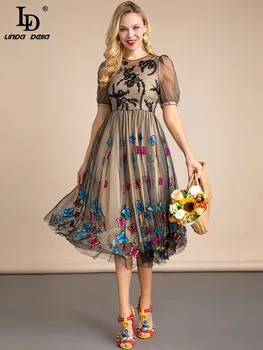 LD LINDA DELLA 2023 Летнее Дизайнерское Модное Сетчатое платье средней длины С пышными рукавами, Винтажное вечернее платье с вышивкой бабочкой