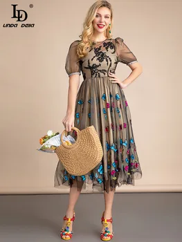 LD LINDA DELLA 2023 Летнее Дизайнерское Модное Сетчатое платье средней длины С пышными рукавами, Винтажное вечернее платье с вышивкой бабочкой Изображение 2