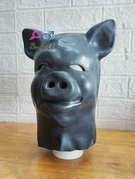 Латексная маска животного, фетиш-капюшон с застежкой-молнией сзади, шляпы для косплея, капюшоны, аксессуар для свиньи из аниме, рабыня Изображение 2