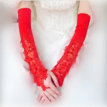 Длинные свадебные перчатки, Кружевные Перчатки, Красные Сверхдлинные Осенне-зимние свадебные перчатки, Варежки, Белый G021 Изображение 2