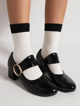 Туфли-лодочки Mary Jane для девочек, модный блочный каблук, широкий ремешок с пряжкой, Весенние туфли-лодочки 2023, Классический школьный стиль, большие размеры 45 46 44 34 Изображение 2