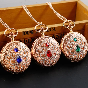 Карманные часы с кварцевым механизмом, женский подарок Унисекс, ожерелье из розового золота с несколькими бриллиантами, красный/синий/зеленый дизайн