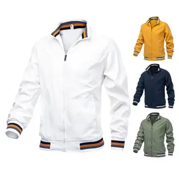 Удобная Повседневная куртка, Мужское Повседневное спортивное пальто с воротником-стойкой, Планка на молнии, Боковые карманы, для мужчин на весну-осень, Одноцветное изделие
