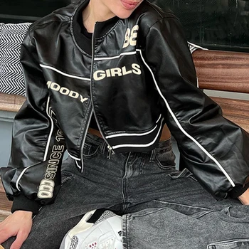 Модная бейсбольная форма Контрастного цвета, Женская мотоциклетная куртка Со стоячим воротником и буквенным принтом в винтажном стиле Для отдыха на открытом воздухе