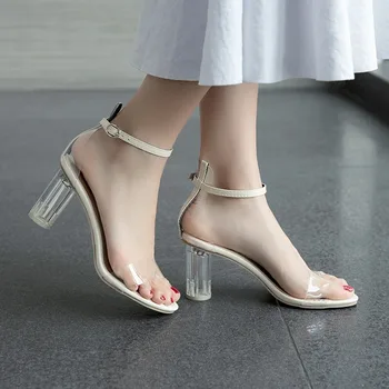 Женские корейские сандалии 2022, Летняя женская обувь на высоком каблуке, Прозрачные хрустальные сандалии, женские модные женские босоножки на круглом каблуке