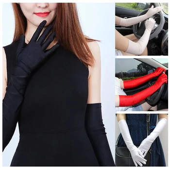 2023 Женские вечерние вечерние перчатки, однотонные атласные варежки с длинными пальцами для мероприятий, красный, белый, черный цвет Изображение 2