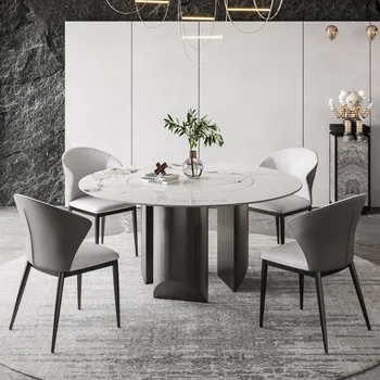 Круглый обеденный стол Bright Rock Plate со встроенным поворотным столом Комбинация обеденного стола и стула из нержавеющей стали
