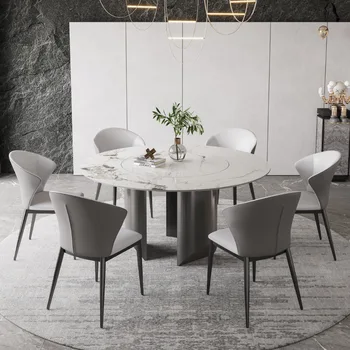 Круглый обеденный стол Bright Rock Plate со встроенным поворотным столом Комбинация обеденного стола и стула из нержавеющей стали Изображение 2
