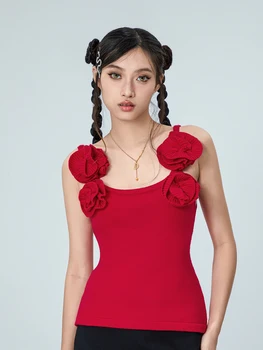 Женские летние облегающие топы на бретелях Красного цвета без рукавов с эстетичным 3D цветочным декором, вязаный тонкий жилет, топы Y2k, уличная одежда