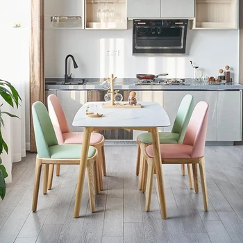 Итальянский обеденный гарнитур из белого мрамора, 4 стула с основанием из массива дерева, кухонный стол из каменной плиты, современная мебель для кафе в ресторане Изображение 2