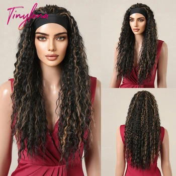Длинная кудрявая повязка на голову, синтетические парики, натуральный черный, золотисто-коричневый парик для женщин афро, косплей, термостойкие волосы