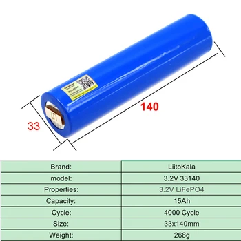 LiitoKala 3,2 V 33140 15Ah lifepo4 Ячейки для diy 4S 12v 24V 36V 20AH 30AH ebike e-scooter электроинструмент Аккумуляторная батарея + никелевый лист Изображение 2