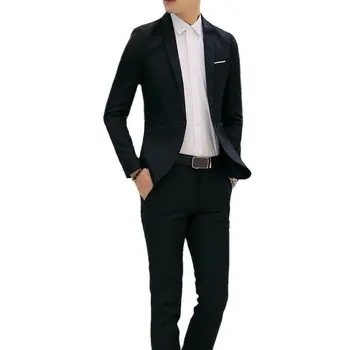 2 шт. офисный деловой мужской однотонный блейзер с отворотом и длинным рукавом, облегающий брючный костюм мужские пиджаки Изображение 2