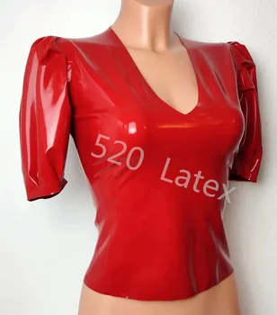 Сексуальная красная пижама из латекса ручной работы с оборками, с застежкой-молнией сзади, с пышными рукавами, с резиновым V-образным вырезом, с низкой грудью, ночная рубашка