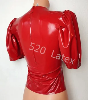 Сексуальная красная пижама из латекса ручной работы с оборками, с застежкой-молнией сзади, с пышными рукавами, с резиновым V-образным вырезом, с низкой грудью, ночная рубашка Изображение 2