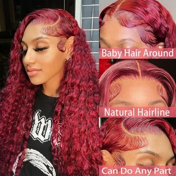 Цветные парики из человеческих волос на кружеве, Вьющиеся 13x6 HD, Парик на кружеве для женщин, Глубокая волна, Бордовый 13x4, Прозрачный Бесклеевой Красный Парик Изображение 2