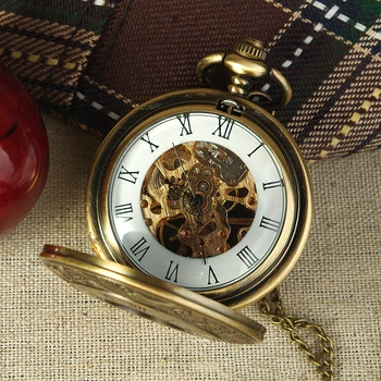 Роскошные Механические карманные часы в стиле Стимпанк для мужчин и женщин, каркасный корпус, Винтажный бронзовый циферблат с римскими цифрами, Брелок, Цепочка, Подвесные часы