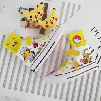 Парусиновая обувь с высоким берцем Pokemon Pikachu, Новинка 2023, Креативная мода, анимация Каваи, Бесплатные носки с героями Мультфильмов Изображение 2