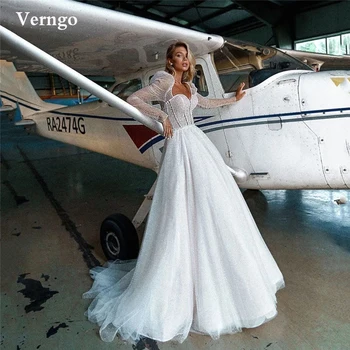 Verngo Блестящее Свадебное платье Трапециевидной формы с пышными длинными рукавами 2021, Расшитое блестками, Современные свадебные платья, Платье невесты из Дубая со Стреловидным шлейфом
