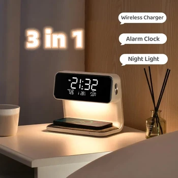 Часы с цифровым дисплеем, Беспроводное зарядное устройство с лампой, Износостойкие Прикроватные Настольные часы для спальни, офиса