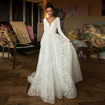 MACDUGAL Простое свадебное платье из атласа с V-образным вырезом и длинными рукавами, очаровательное вечернее платье в стиле бохо, простое модное
