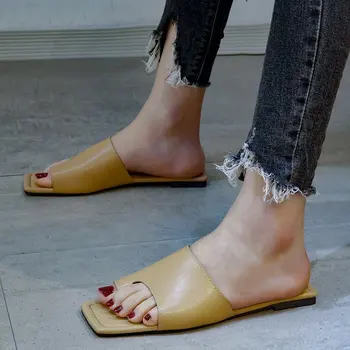 Женские тапочки, шлепанцы 2023, модная женская обувь на плоской подошве из кожи с квадратным носком, шлепанцы для отдыха на открытом воздухе, Женские новые