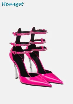 Сандалии Decro С острым носком и Заклепками, Металлическая Шпилька на высоком каблуке, ремешок с пряжкой на щиколотке, Розово-красная однотонная женская обувь, Летняя мода для подиума