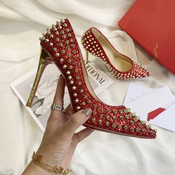 Высококачественные Женские туфли на высоком каблуке, Роскошные Модные женские Туфли на красной подошве с блестящими Кристаллами, Классические дизайнерские туфли в стиле ретро на высоком каблуке 10 см 1469HJ Изображение 2