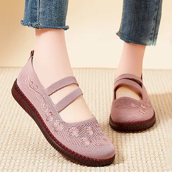 Женская винтажная обувь ручной работы, сетчатые туфли на плоской подошве с цветочной вышивкой, Женские Удобные легкие кроссовки