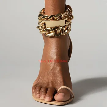 Дизайн с замком, Золотистые металлические туфли без каблуков, Римские сандалии с острым носком, Шлепанцы с цепочкой на щиколотке, Лаконичный каблук, модная однотонная обувь Изображение 2