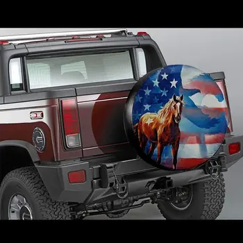Чехол для запасного колеса Horse Eagle с американским флагом, чехол для шин, водонепроницаемый, пылезащитный, универсальный для прицепов RV, внедорожников и многих транспортных средств 16 Дюймов Изображение 2
