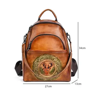 Рюкзак ручной работы из натуральной кожи, женская сумка через плечо, дорожные сумки с тиснением в стиле ретро из воловьей кожи Изображение 2