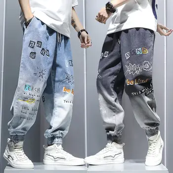 Джинсы с принтом граффити, Мужские градиентные брюки в стиле хип-хоп, Шаровары, Мультяшные Свободные повседневные брюки с окантовкой по щиколотку, джинсы-карго для мужчин