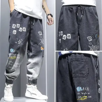 Джинсы с принтом граффити, Мужские градиентные брюки в стиле хип-хоп, Шаровары, Мультяшные Свободные повседневные брюки с окантовкой по щиколотку, джинсы-карго для мужчин Изображение 2