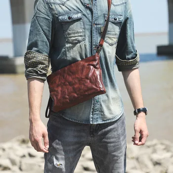 Винтажный Простой мужской клатч из натуральной кожи, старомодная нагрудная сумка из натуральной воловьей кожи, многофункциональный кошелек для телефона