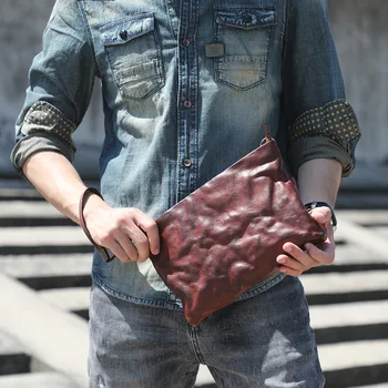 Винтажный Простой мужской клатч из натуральной кожи, старомодная нагрудная сумка из натуральной воловьей кожи, многофункциональный кошелек для телефона Изображение 2