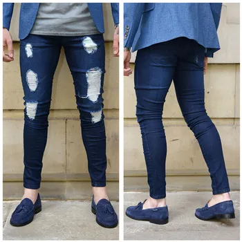 Горячая Распродажа 2023, Модные Уличные рваные обтягивающие джинсы, мужские винтажные джинсовые брюки для стирки, мужские повседневные облегающие джинсовые брюки-карандаш