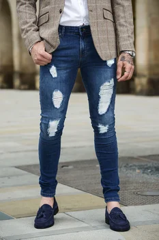Горячая Распродажа 2023, Модные Уличные рваные обтягивающие джинсы, мужские винтажные джинсовые брюки для стирки, мужские повседневные облегающие джинсовые брюки-карандаш Изображение 2