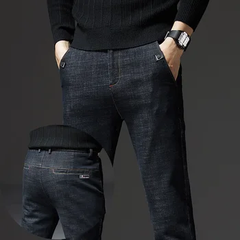 Теплые Зимние Мужские брюки, Джинсы, Деним, черный Толстый флис, Прямые Мужские брюки обычной посадки, повседневная одежда в Корейском стиле 2021 Изображение 2