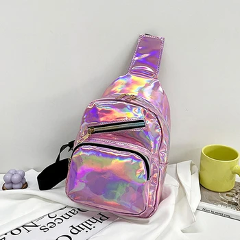 Женская нагрудная сумка лазерного Цвета для девочек, модная Женская сумка через плечо, трендовая Женская сумка на одно плечо В корейском стиле Изображение 2